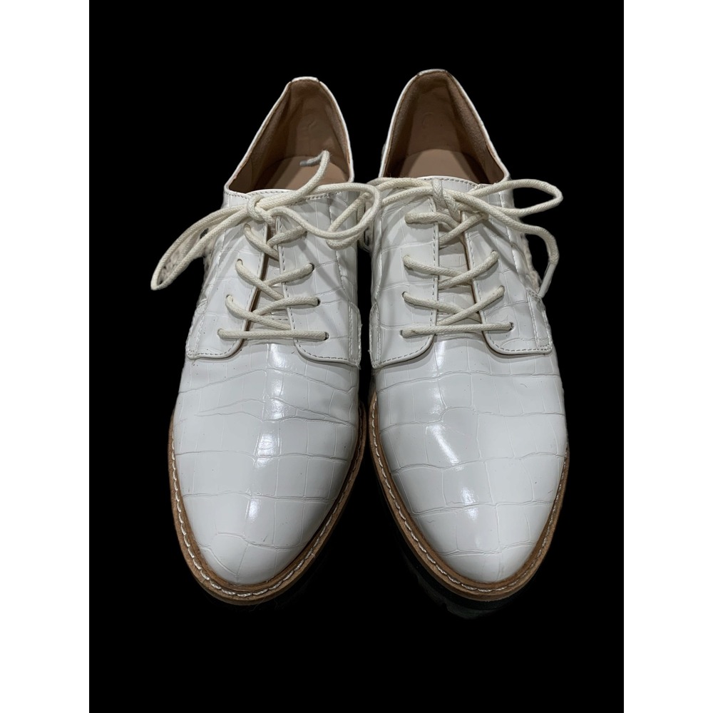 Aqua White Croc Embossed Lace Up Vegan Oxford Shoes Utility Chic Lug Sole-7 - Picture 6 of 8